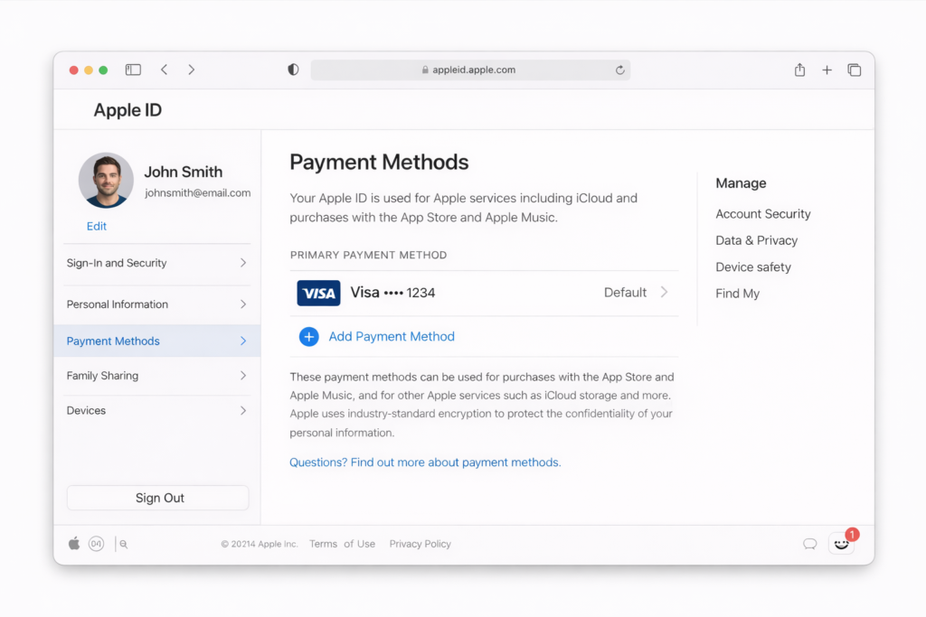 how to see what card is linked to app store